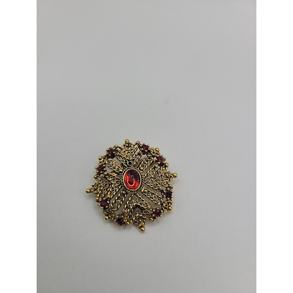 Vintage Filigree Brooch Red Rhinestone Gold‎ Tone Victorian Revival Pin